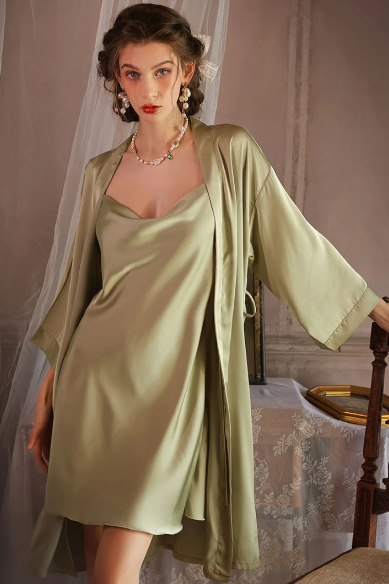 Model wearing olive green silk nightgown with smooth satin drape, developed as oem sexy silk nightgown