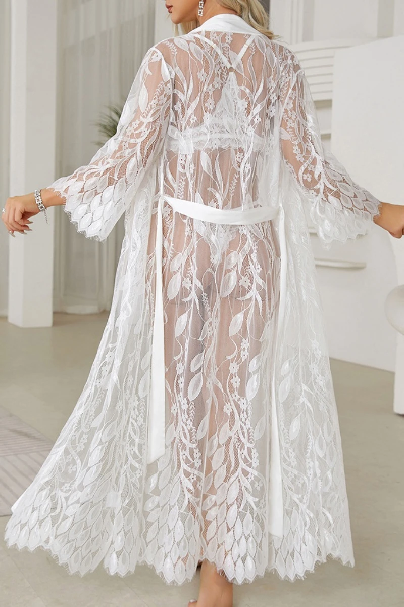 Back view of an oem sexy white nightgown with long sheer lace fabric, scalloped hem, and adjustable waist tie for wholesale lingerie supply.