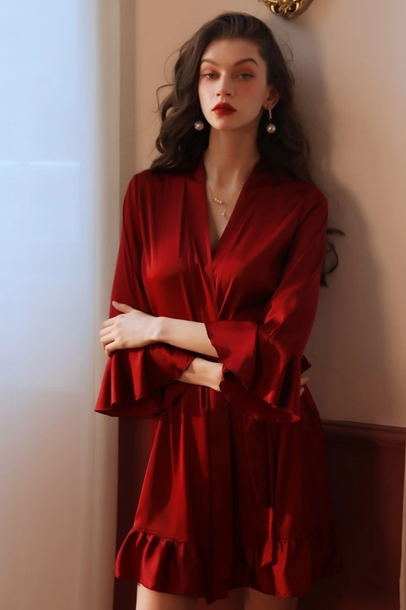 Deep red satin wrap nightgown with waist belt and flowing sleeves, part of oem sexy women nightgowns