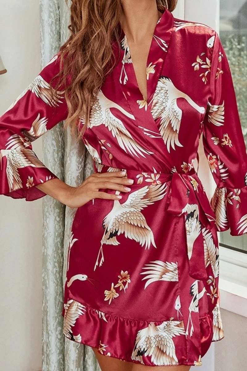 oem women sexy nightgowns featuring burgundy satin robe with printed pattern and v-neck wrap fit