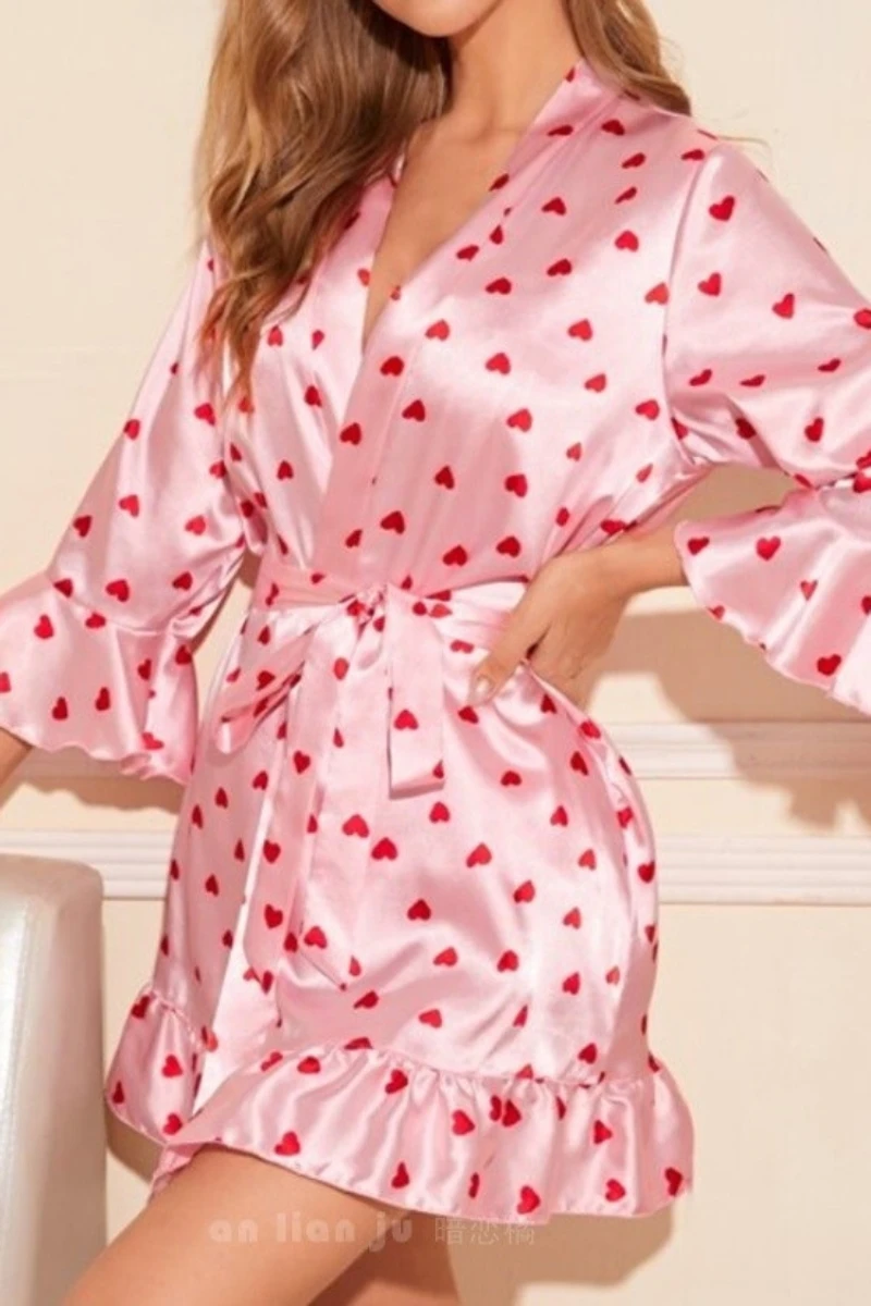 oem women sexy nightgowns with heart print satin fabric, wrap front design, and short hemline