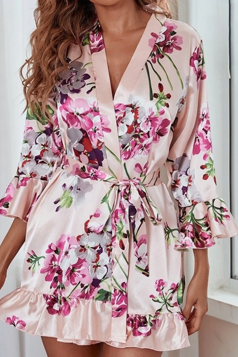 oem women sexy nightgowns showing a floral satin robe with ruffle hem, v-neck wrap style, and waist tie