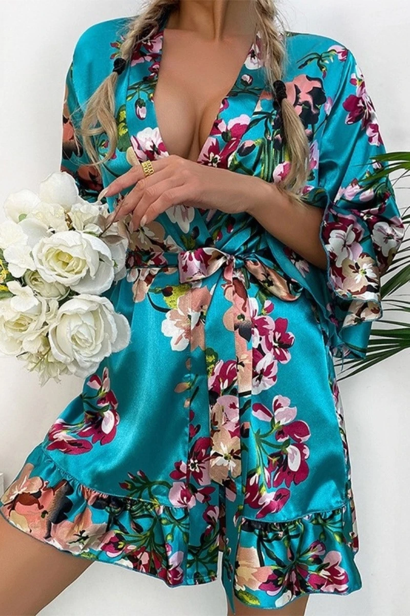 oem women sexy nightgowns in teal satin robe with floral print, wrap style, and waist belt