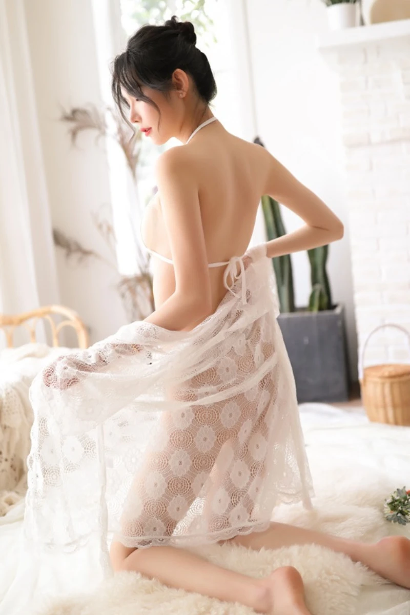 Back view of white lace nightgown with open-back design, shown as oem women sexy nightgowns