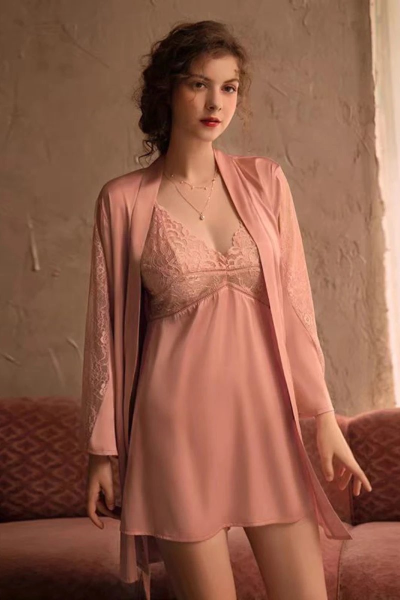 Pink lace nightgown with delicate lace cups and matching outer robe for b2b lace sexy nightgowns
