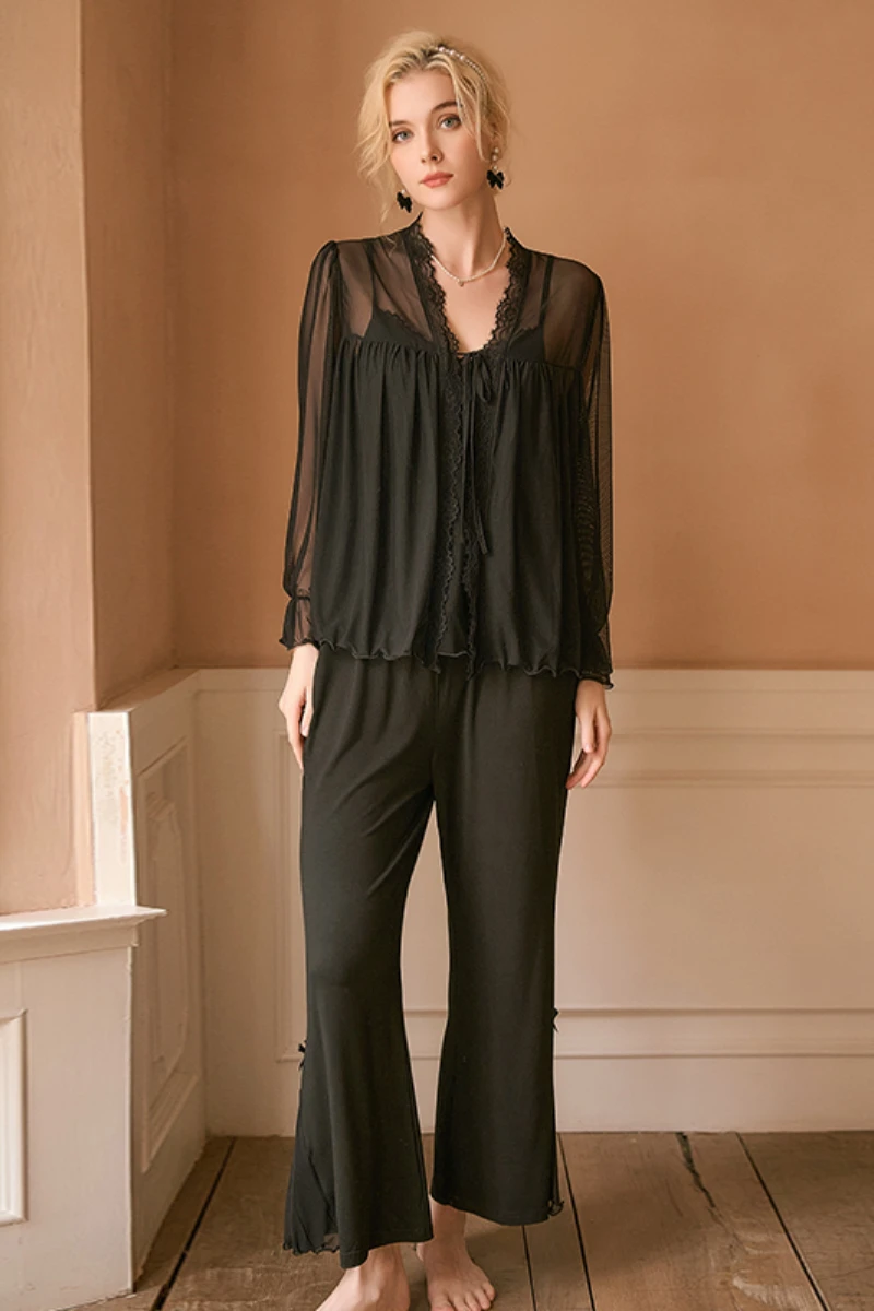 Black cotton pajama set with sheer lace trim and long sleeves, presented as a private label cotton sexy nightgown style for lingerie brands.