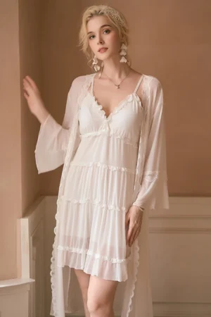 White sheer lace babydoll nightgown with delicate lace trim and flowing robe, showcasing a romantic style for private label lace sexy nightgowns collections.