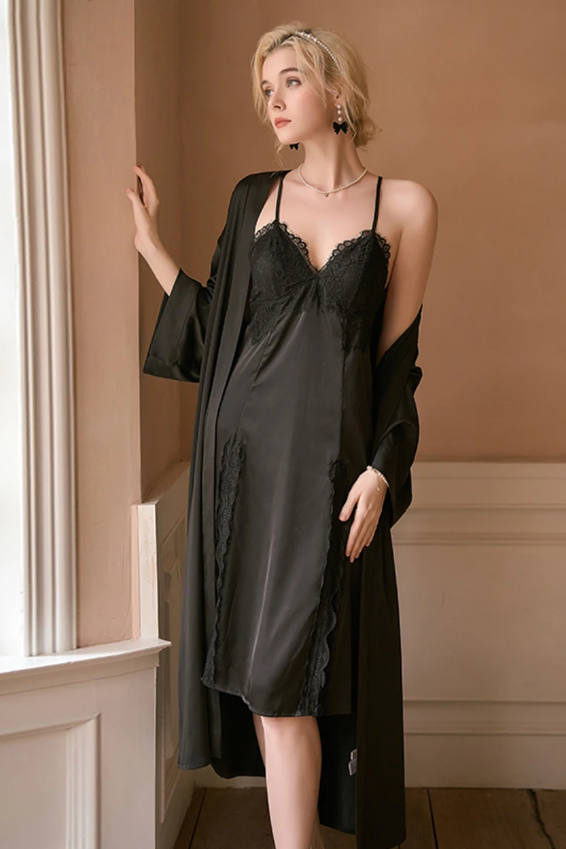 Private label long sexy nightgowns in black, showing a long lace slip dress paired with a matching lightweight robe