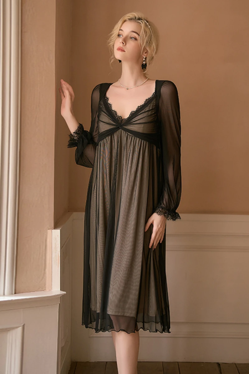 Black sheer lace long nightgown with long sleeves and delicate trim, ideal for private label nightgowns sexy lingerie collections.