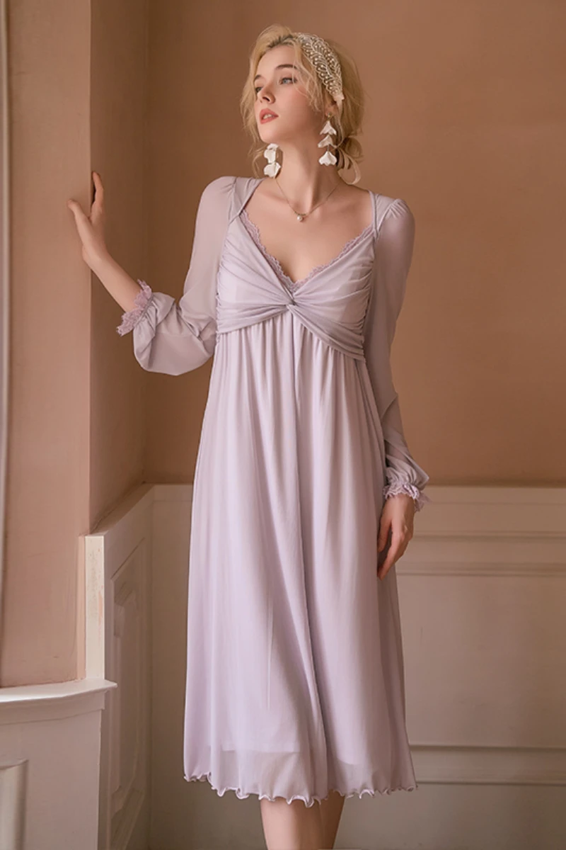 Light lavender sheer nightgown with lace trim and relaxed long silhouette, presented as a private label nightgowns sexy style for B2B supply.