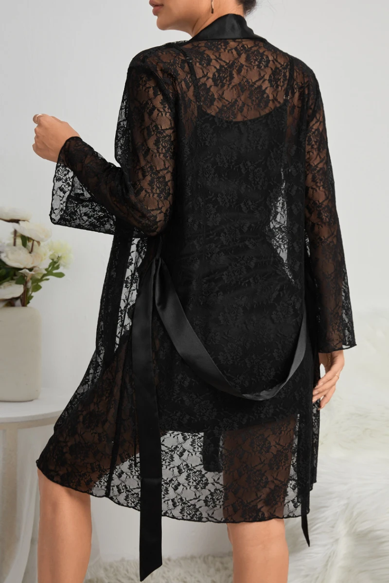 Model wearing a private label sexy black nightgown with a sheer lace robe, showing the back design, lightweight lace texture, and satin tie detail for boutique sleepwear collections.