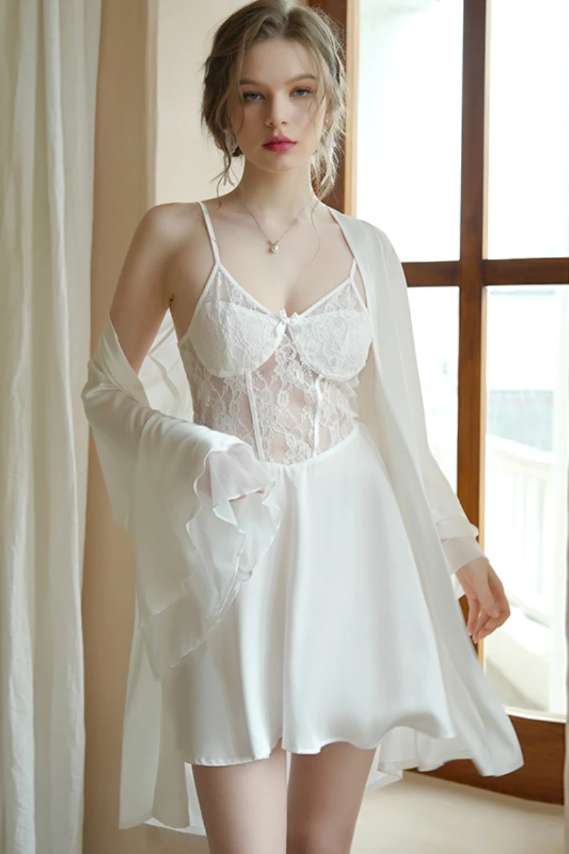 Private label sexy nightgown women in white, showing a sheer lace bodice, adjustable straps, and a matching lightweight robe
