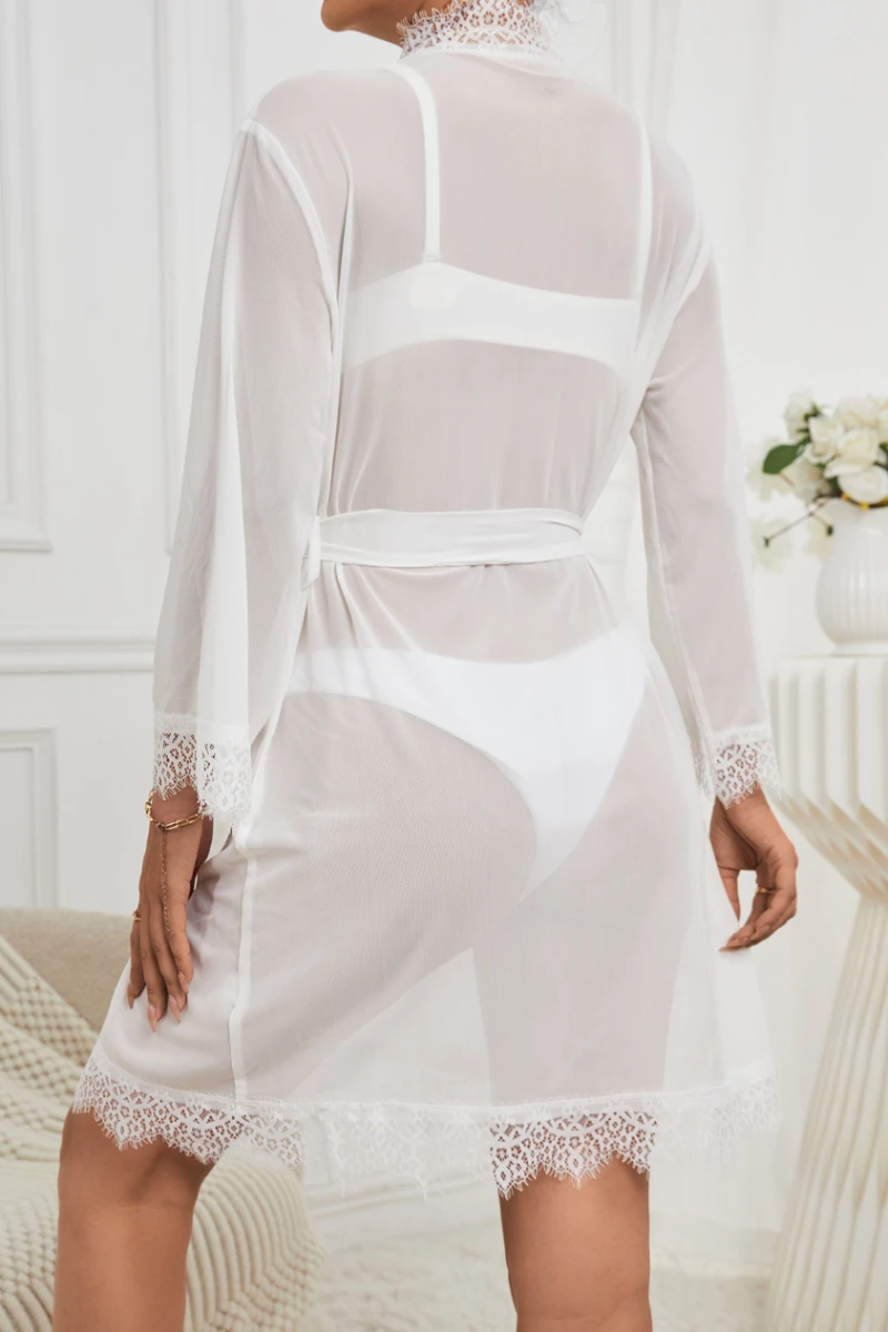 Back view of a private label sexy see through nightgown showing transparent mesh fabric, lace hem, and fitted waist design.