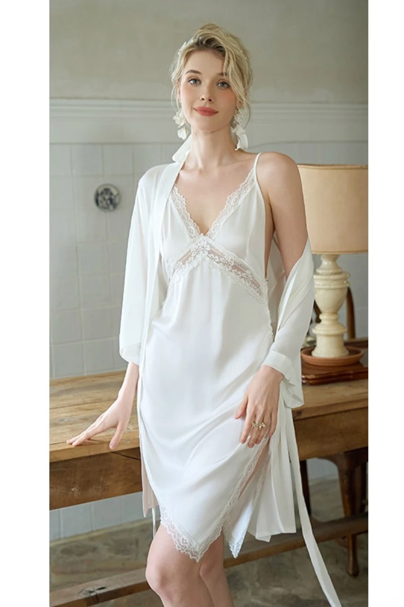 White silk nightgown with lace-trimmed V-neck and sheer matching robe, ideal for private label sexy silk nightgown collections.