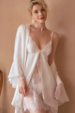 Model wearing a white lace slip nightgown with a sheer lightweight robe, featuring a V-neckline and delicate lace details, designed for private label women sexy nightgowns collections.