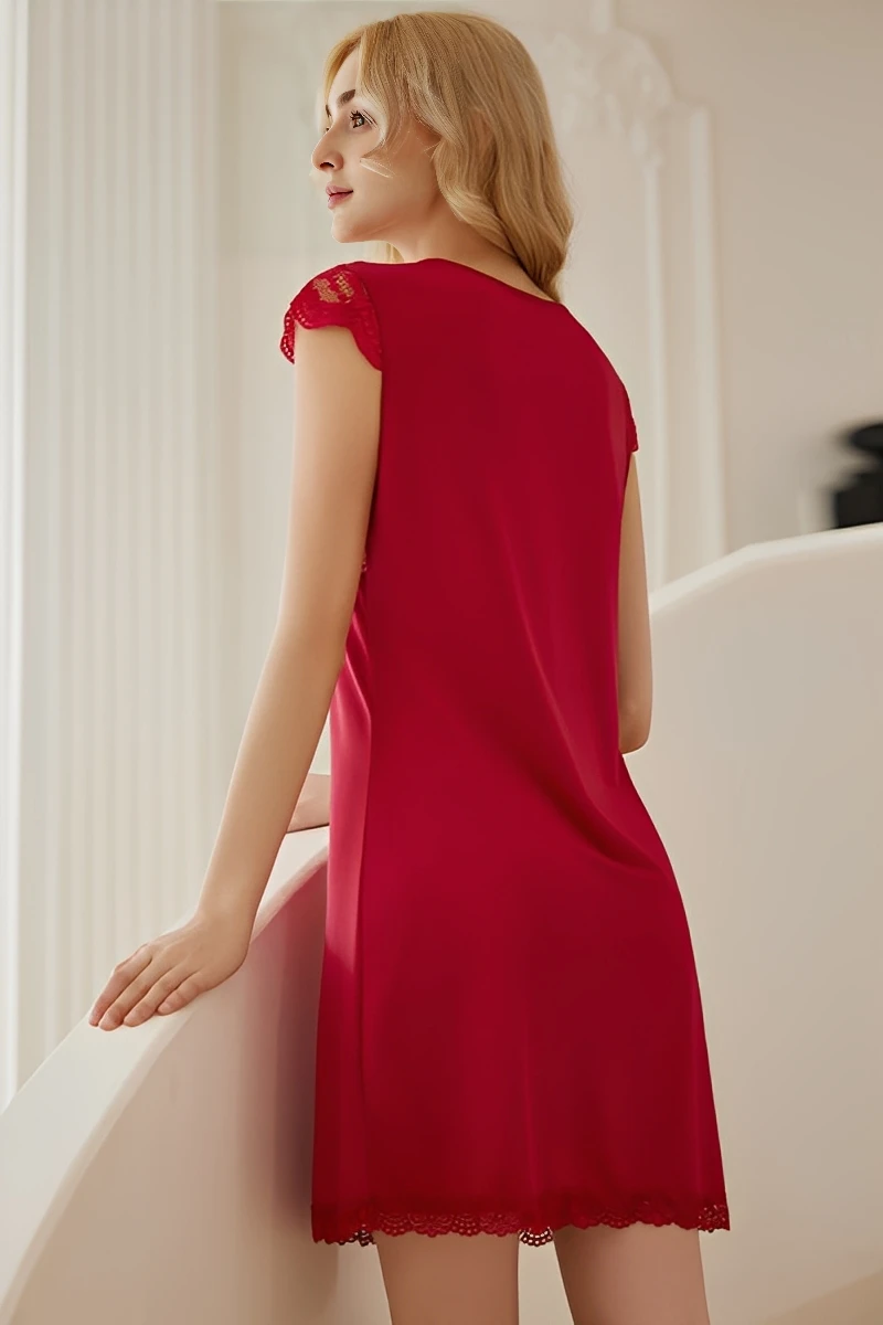 Back view of private label women's sexy solid color lace pajamas in burgundy, showing clean silhouette, lace trim, and smooth drape.