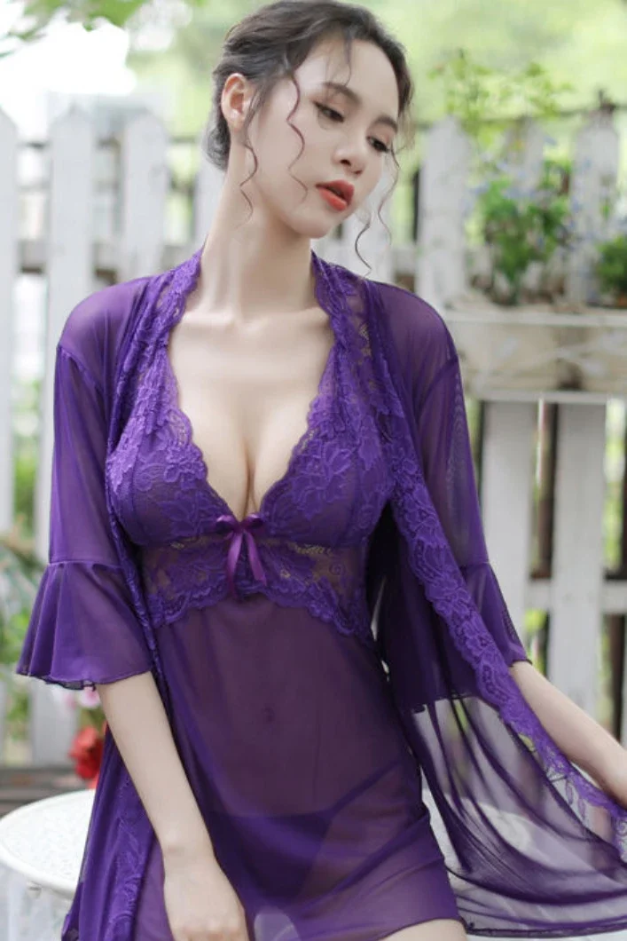 Purple lace sheer nightgown with flowing sleeves, tailored for b2b sexy nightgowns wholesale supply