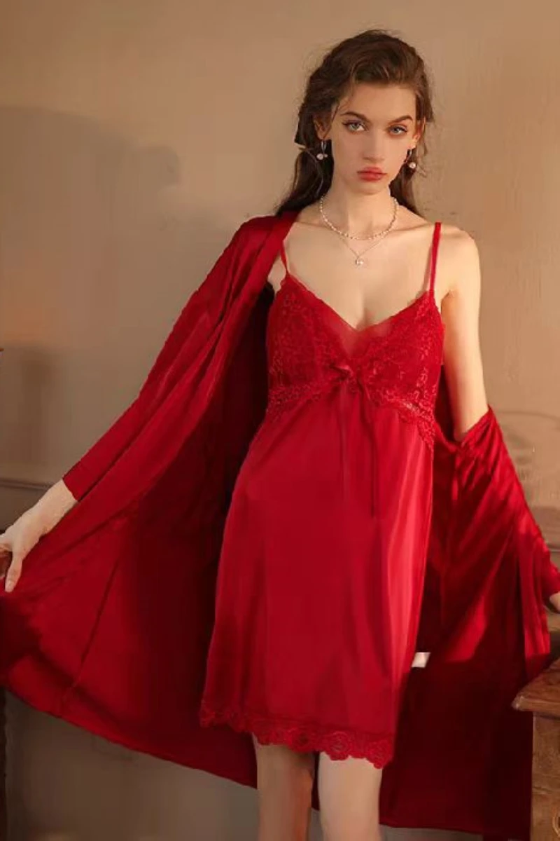 Red b2b sexy silk nightgown with lace bodice and flowing robe, designed for elegant nightwear and wholesale supply