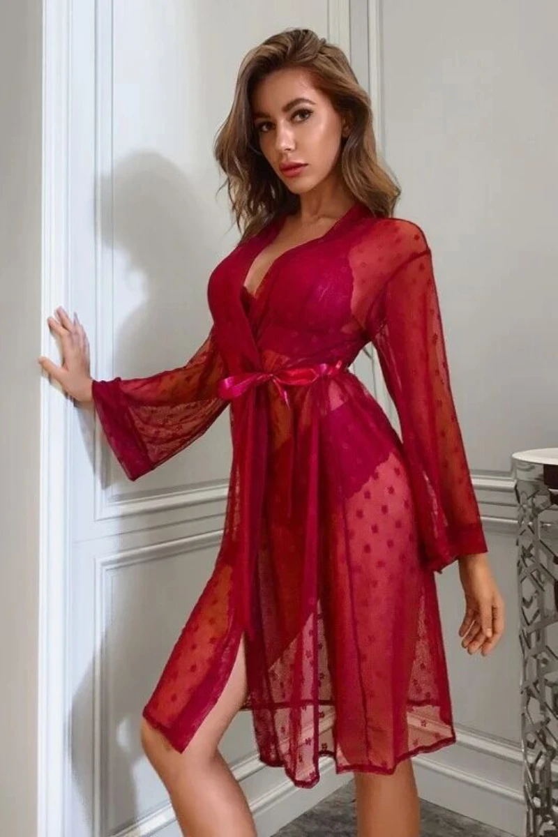 Red sheer lace robe worn over lingerie, shown as a wholesale sexy lingerie nightgown option.