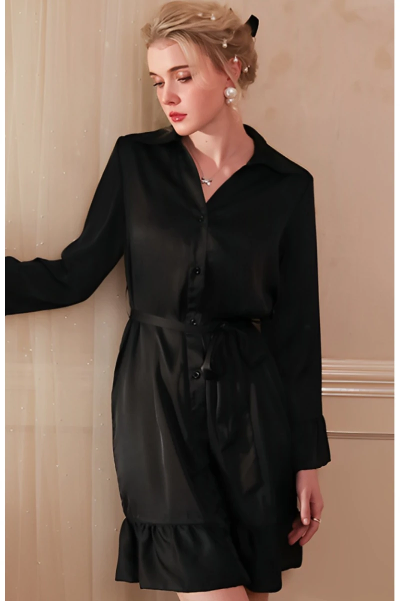 Model in black satin button-up sexy nightgown women with long sleeves and elegant nightwear silhouette