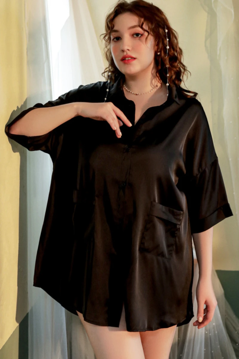 Model in black sheer sleep shirt style sexy nightgowns for women with short sleeves and relaxed fit lingerie look