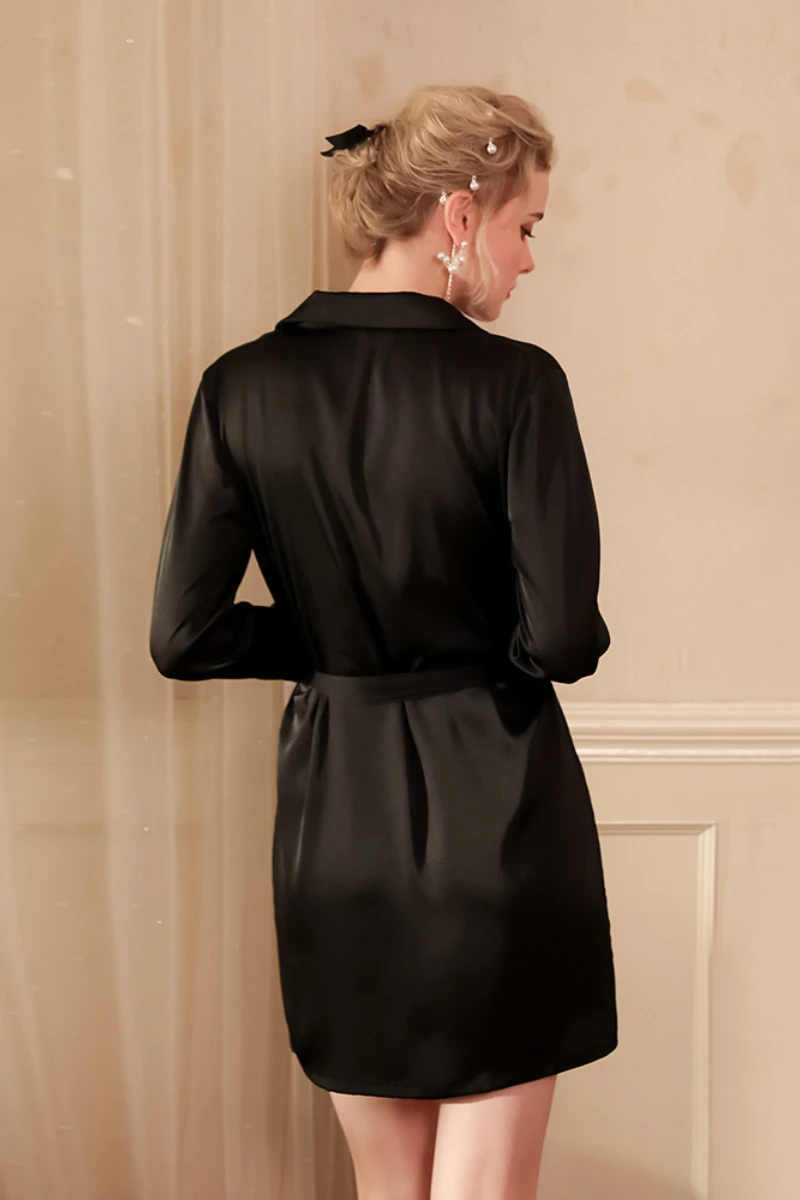 Back view of a black long sleeve satin nightdress with waist belt, highlighting the silhouette of sexy women nightgowns