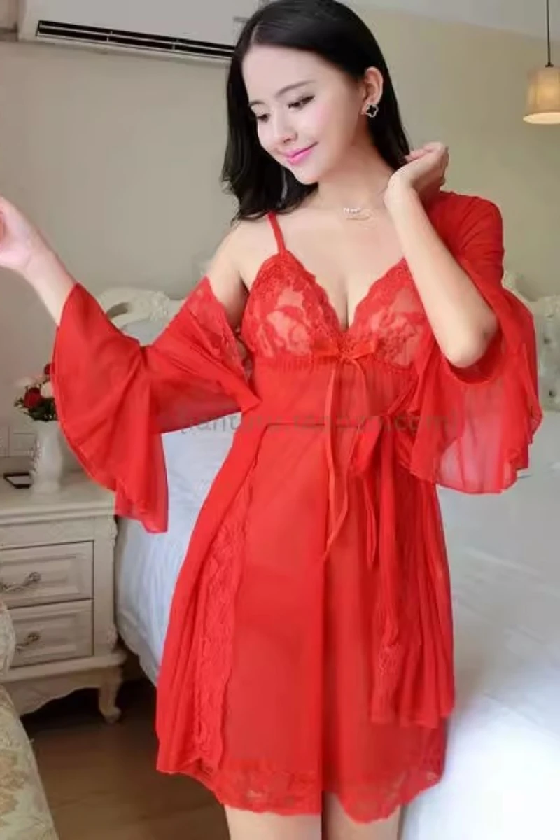 Red sexy lingerie nightgown with lace bodice, chiffon skirt, and flared sheer sleeves in a bedroom setting