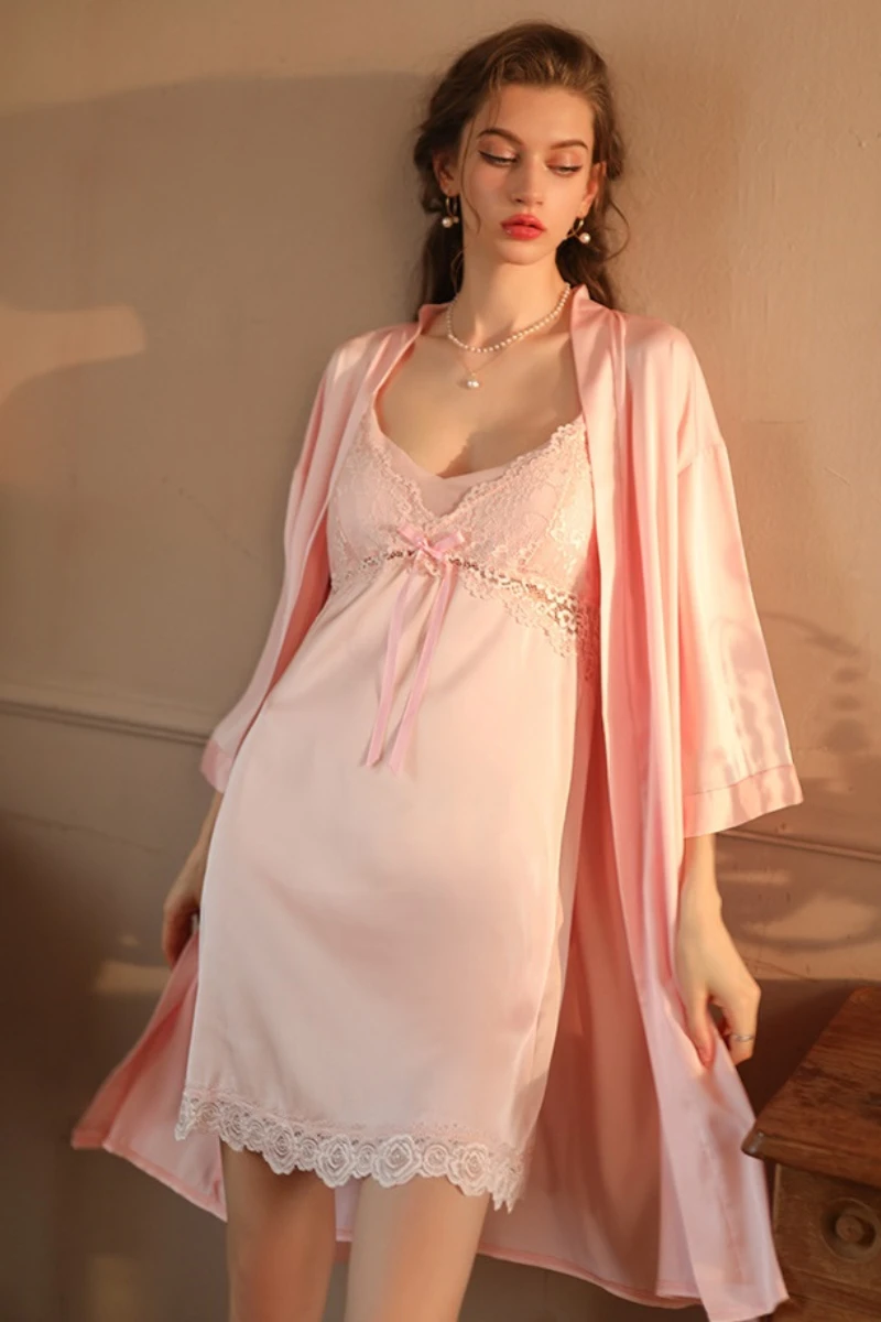 Pink b2b sexy silk nightgown with lace trim and matching robe, lightweight nightwear for lingerie collections