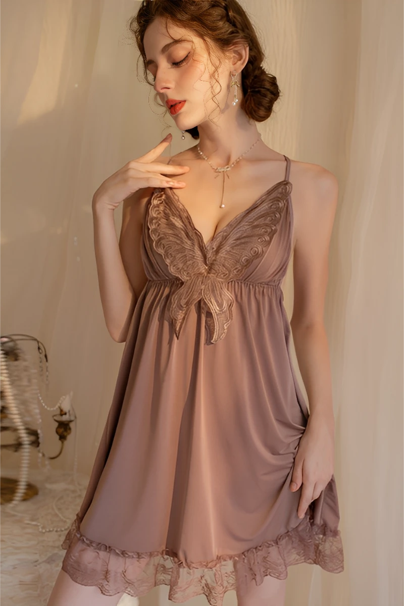 Model wearing taupe lace sexy pajamas with delicate lace trim, sheer fabric, and relaxed babydoll design