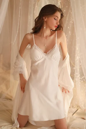 White b2b cotton sexy nightgown with lace V-neckline, lightweight cotton fabric, and relaxed silhouette for nightwear supply