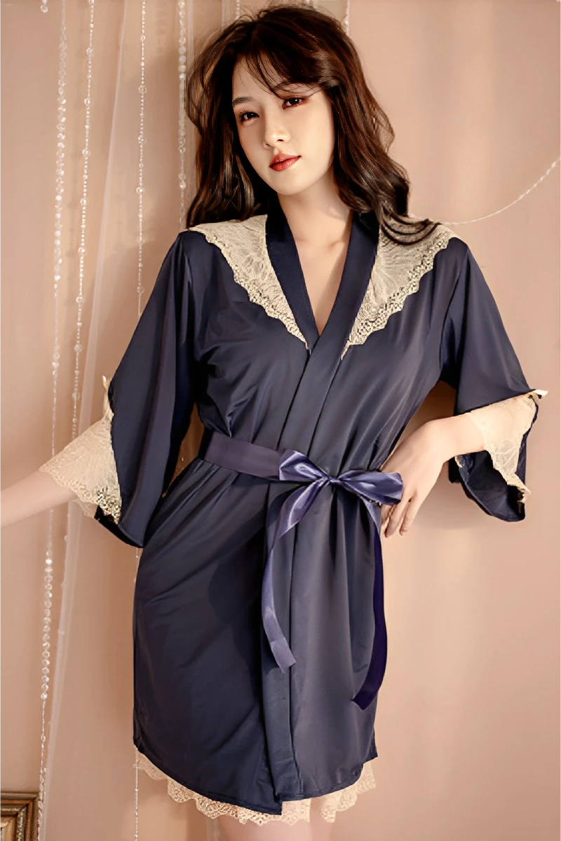 Model wearing blue wholesale Floral Lace Sexy Nightgown featuring floral lace neckline and flowing robe