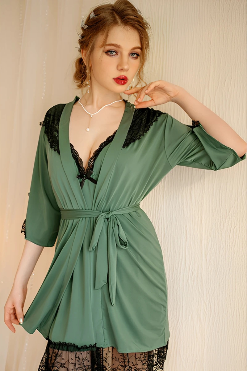 Model wearing green wholesale Floral Lace Sexy Nightgown featuring floral lace trim and matching robe