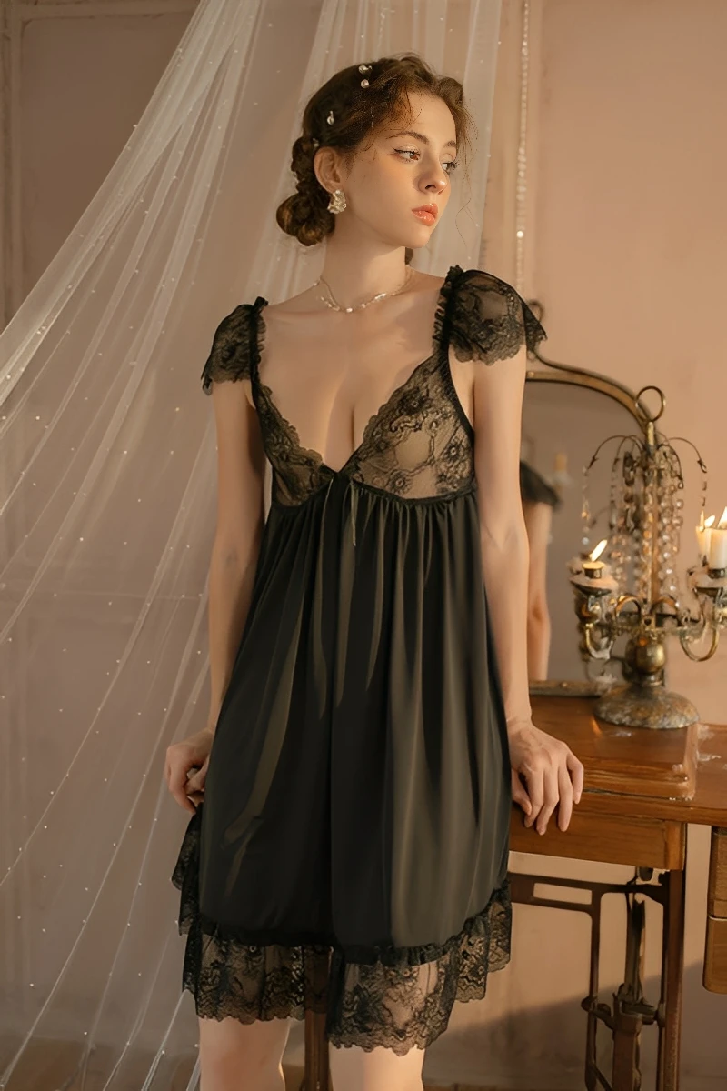 Black wholesale lace pajama top with sheer lace cups and flowing mini length