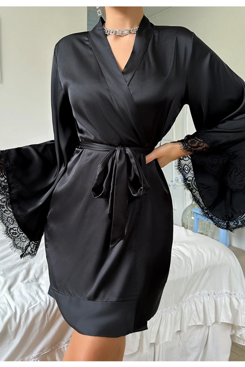 Wholesale lace sexy nightgowns in black satin with matching black lace bell sleeves and adjustable waist tie