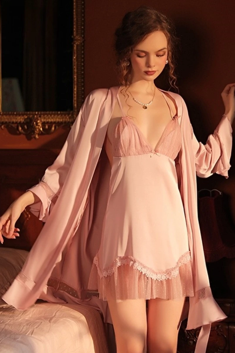 Front view of blush pink long nightgown with lace-trim bust and matching robe, elegant wholesale long sexy nightgowns style for lingerie collections