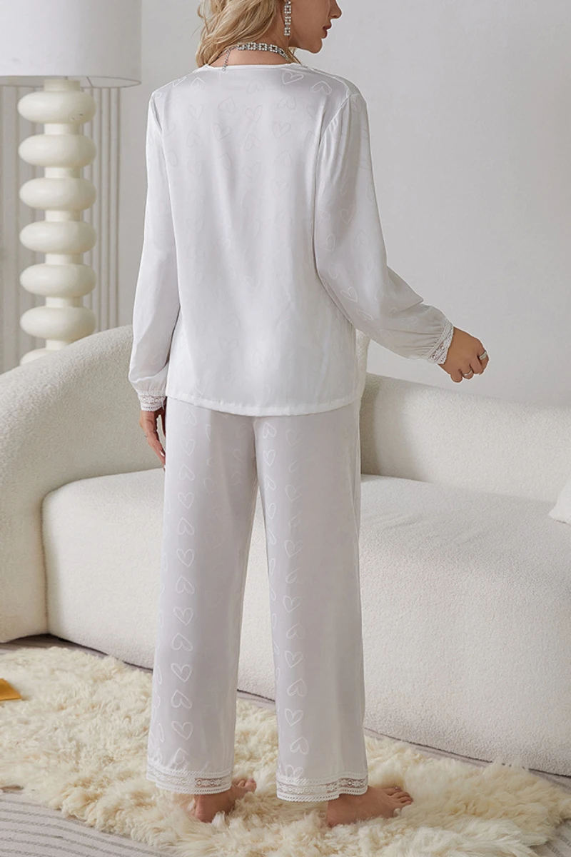 Back view of white cotton pajama set with long sleeves and relaxed straight-leg pants, comfortable wholesale sexy cotton nightgown style