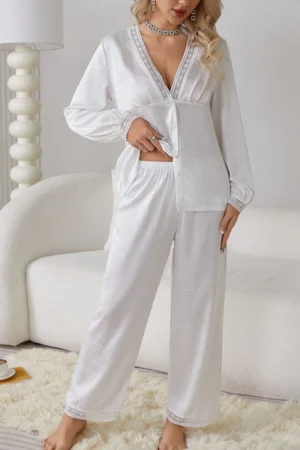 Front view of white cotton pajama set with lace-trim neckline and cuffs, soft two-piece style for wholesale sexy cotton nightgown collections