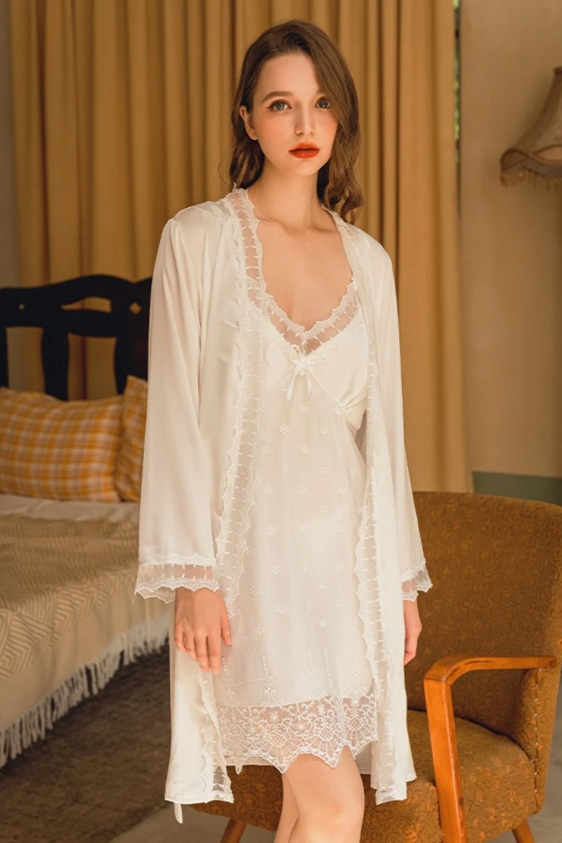 Front view of white lace V-neck nightdress with sheer robe, showing elegant fit and detailing for wholesale sexy long nightgowns.