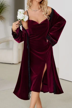 Model wearing a burgundy velvet robe and slip set with lace trim, elegant wholesale sexy nightgowns designed for women’s lingerie collections