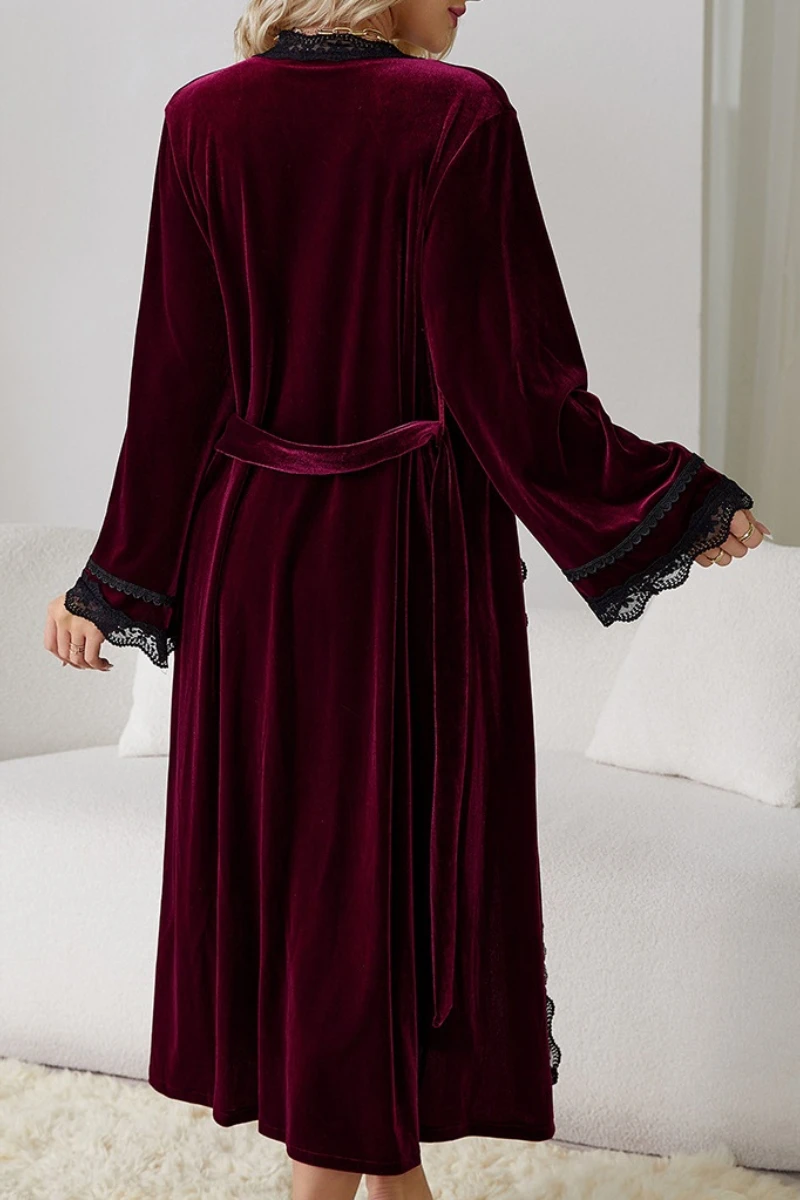 Back view of burgundy velvet robe with belt and lace cuffs, showcasing wholesale sexy nightgowns craftsmanship and fit