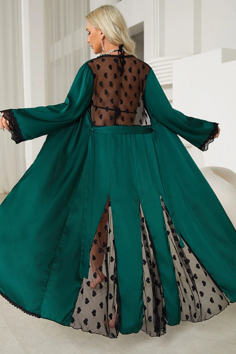 Back view of emerald green wholesale sexy nightgowns for women featuring sheer mesh panel, lace details, and long flowing hem