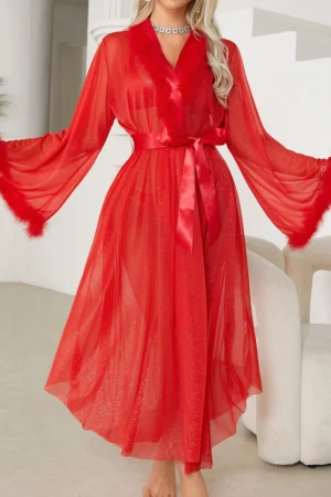 Red sheer silk long robe with satin belt and soft feather-trim cuffs, bold wholesale sexy silk nightgown design for nightwear buyers