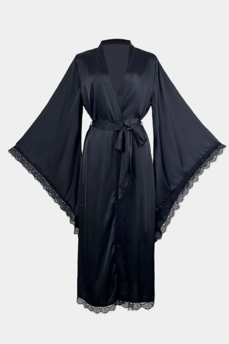 Black satin long robe with wide sleeves and lace trim hem, elegant wholesale sexy women nightgowns style for lingerie supply