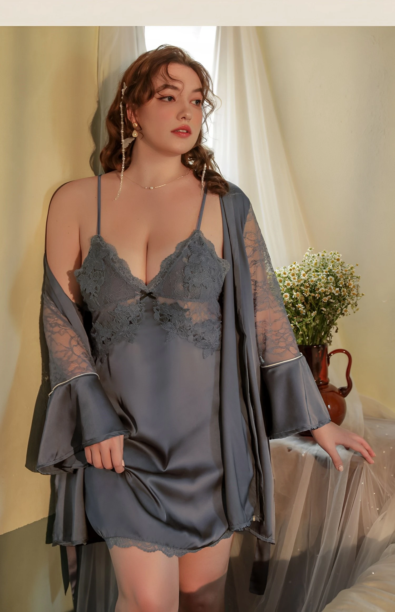 Model wearing a gray lace slip dress with matching sheer robe, showcasing wholesale women sexy nightgowns with soft lace trim and flattering fit.