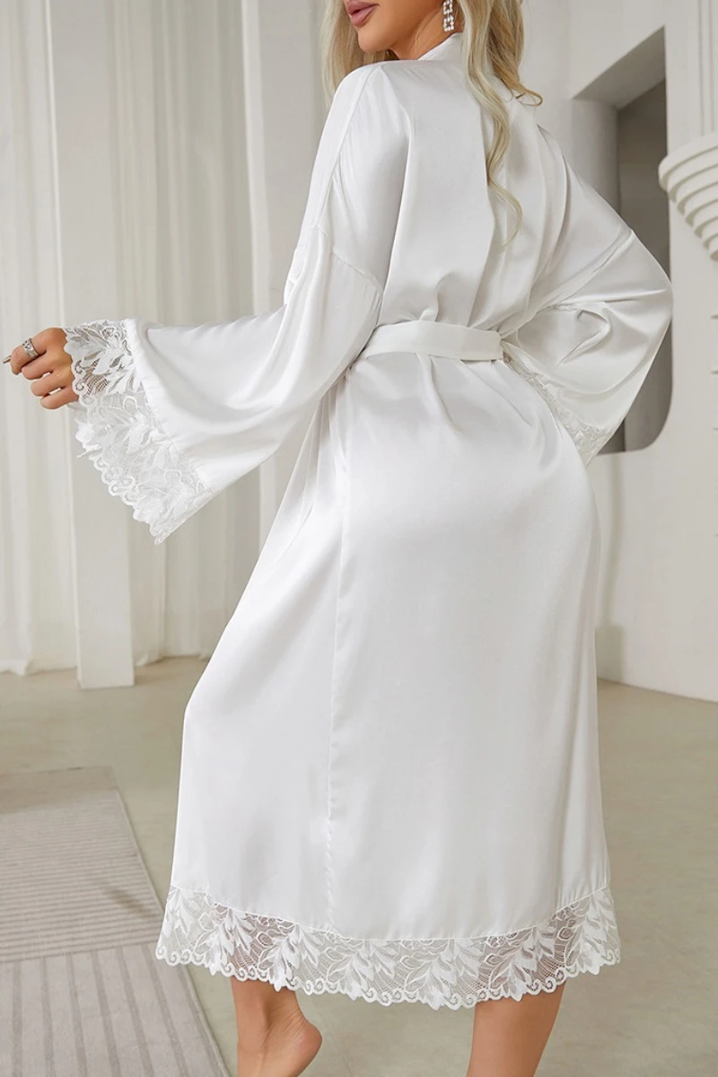 Back view of white satin long robe with lace hem and relaxed fit, refined wholesale women sexy nightgowns design for nightwear buyers