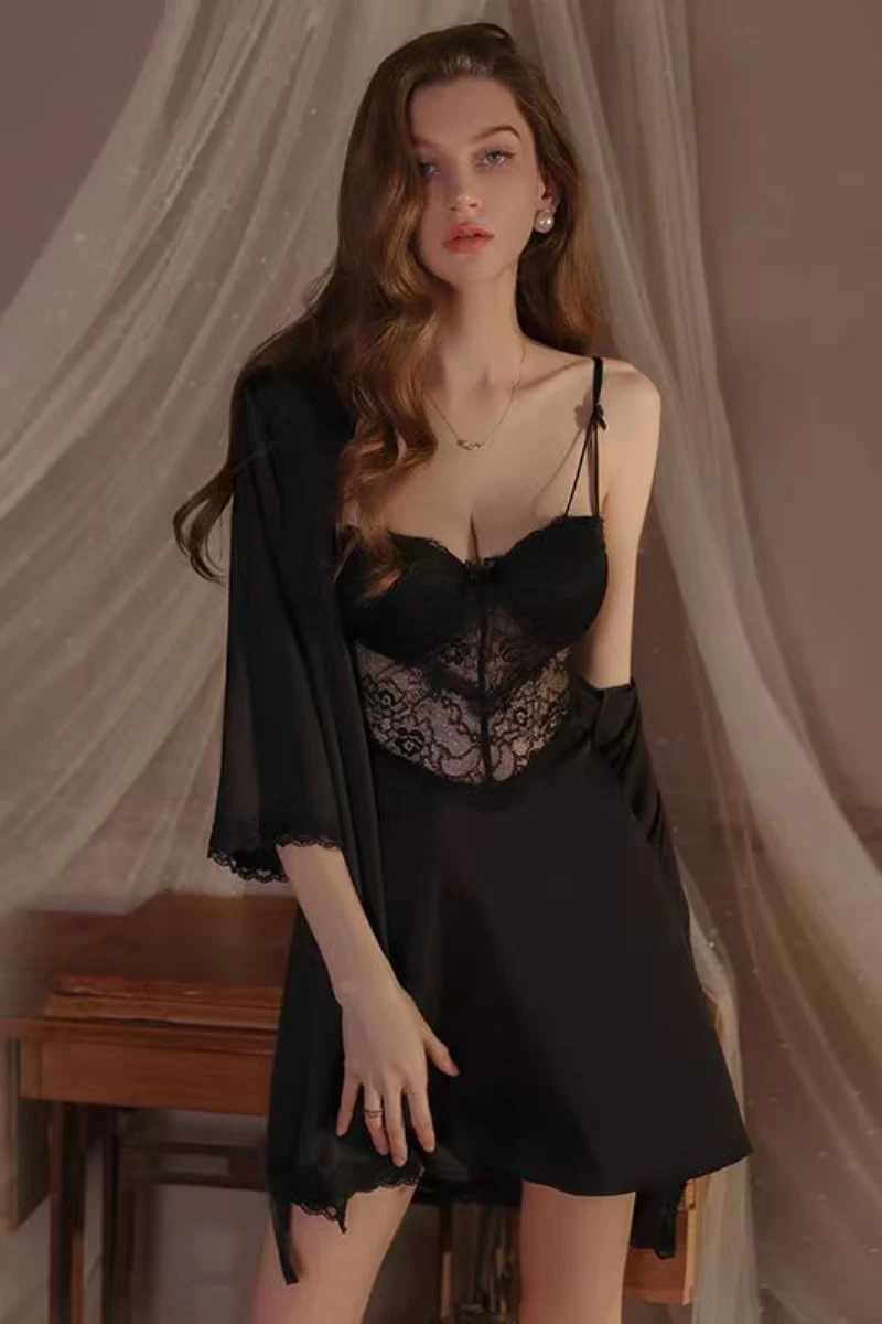 Black lace slip nightwear with sheer waist detail, shown as a wholesale womens sexy nightgown option.