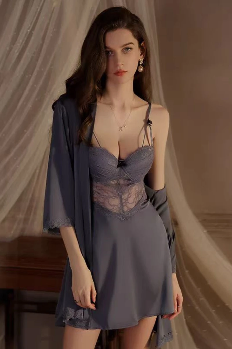 Grey blue lace slip with sheer midsection, presented as a wholesale womens sexy nightgown.