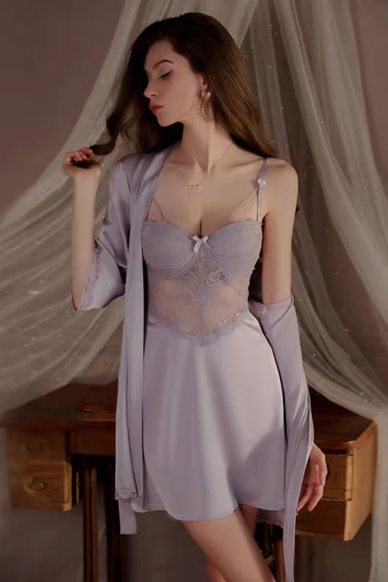 Lavender lace slip with matching robe, displayed as a wholesale womens sexy nightgown option.