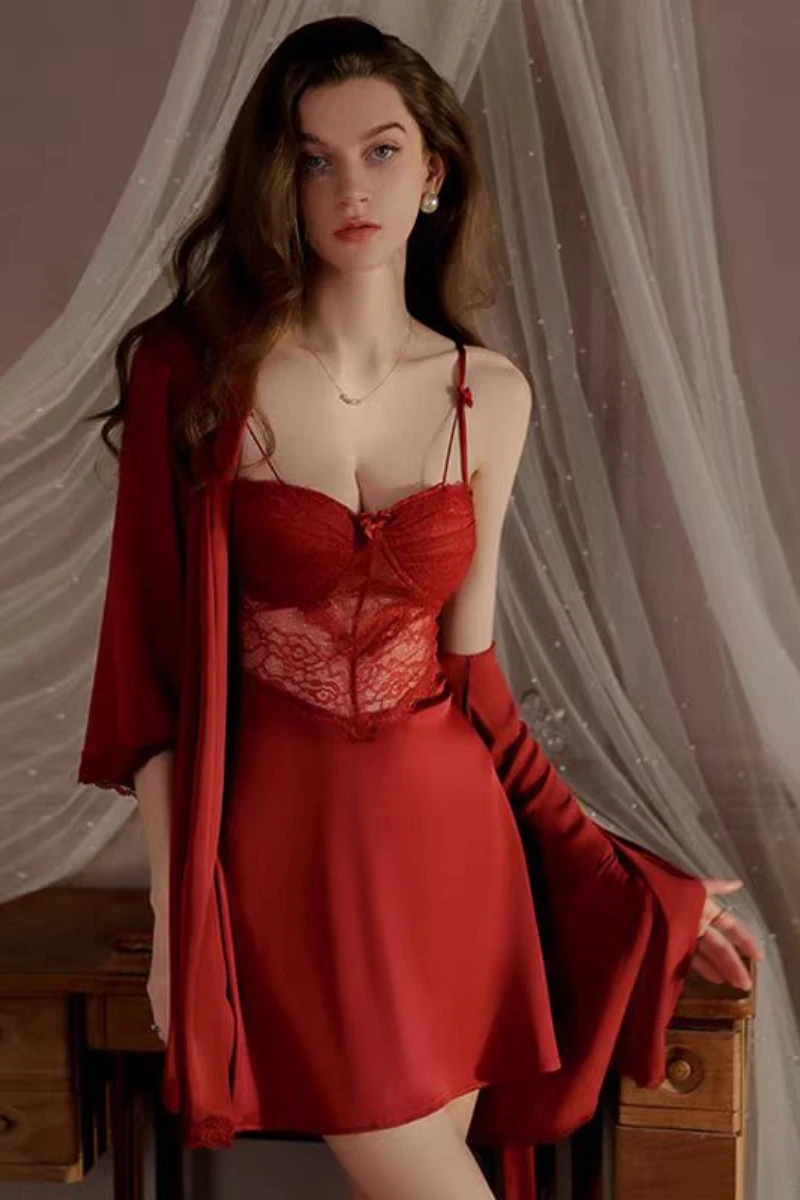 Red lace slip and robe set styled as a wholesale womens sexy nightgown for bold lingerie ranges.