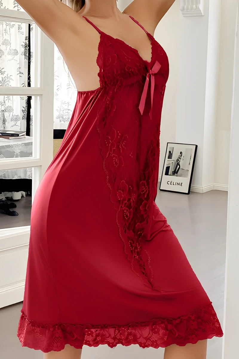 Wine red lace nightdress with front bow and sheer finish, designed as a premium b2b lace pajama for bulk lingerie distribution.